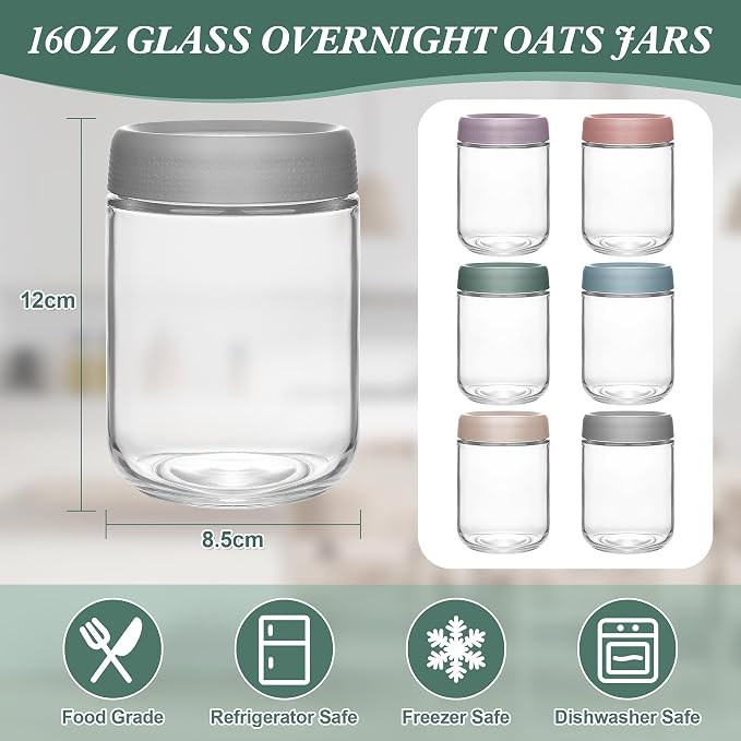 Xileanalee Overnight Oats Containers with Lids 6 Pack-16 Oz Mason Jar with Lids-Overnight Oats Jars Glass Food Storage Containers for Chia Seed Pudding Salad Cereal Coffee Spices