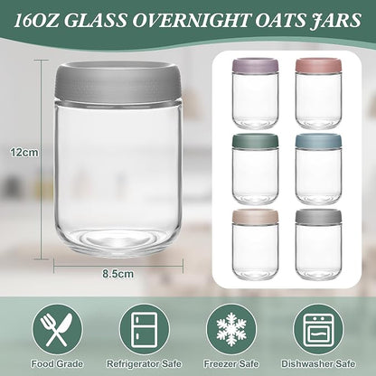 Xileanalee Overnight Oats Containers with Lids 6 Pack-16 Oz Mason Jar with Lids-Overnight Oats Jars Glass Food Storage Containers for Chia Seed Pudding Salad Cereal Coffee Spices