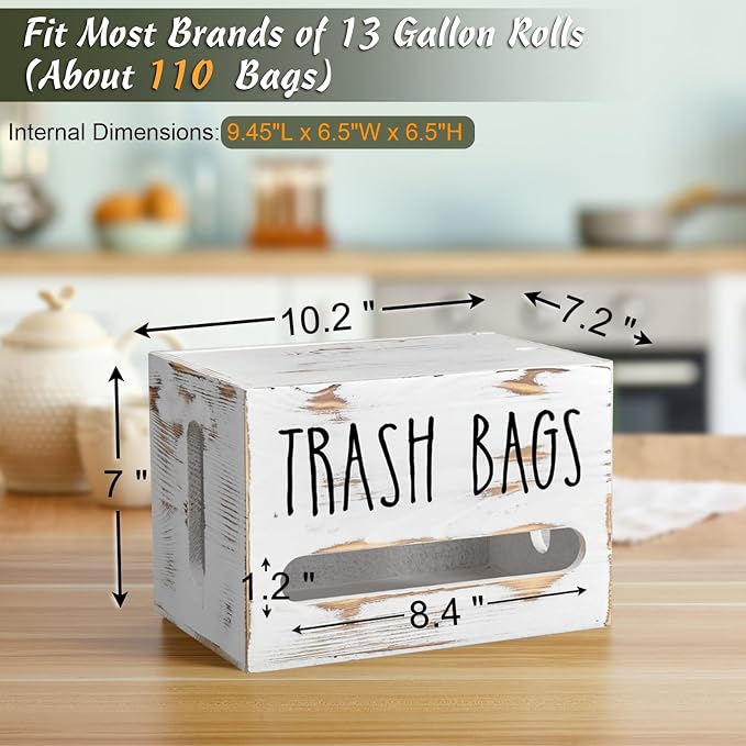 DRASTAR Trash Bag Holder, Wooden Stackable Trash bag Dispenser Wall Mount, Large Garbage Bag Dispenser for for 13-gallon Trash Bags Roll Holder, Kitchen Laundry Room Organization, Retro White