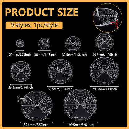 BENECREAT 9Sizes Acrylic Round Center Finder Compass, 2~10cm Diameter Center Finder Tools, Sashiko Embroidery Drawing Template Quilt Stitch Rulers for Woodworking, Quilting and Embroidery