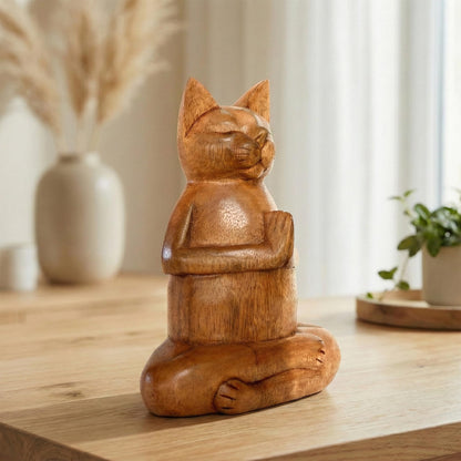G6 Collection 8" Wooden Hand Carved Siamese Cat Yoga Pose Statue Sculpture Handcrafted Art Decoration Home Decor Accent Decorative Kitty Kitten Figurine Gift Handmade (Fire Log Pose)