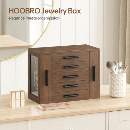 HOOBRO 5-Tier Jewelry Box, Wooden Jewelry Organizer with Transparent Windows and 360° Rotating Jewelry Box with Mirror, Jewelry Organizer with 4 Drawers Bundle, BH19JB04-BH31JB04