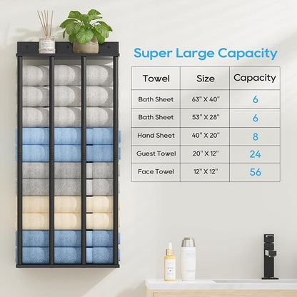 Towel Racks for Bathroom Wall Mounted, Updated 4 Bar Wall Towel Holder | Large Bathroom Towel Storage Rack for Rolled Towels, Modern Metal Towel Organizer Shelf with Wooden Storage Shelf