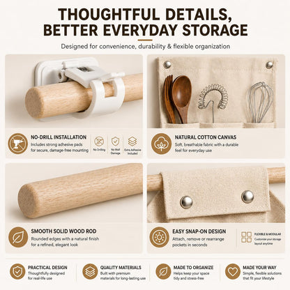 Viscrenox No Drill Canvas Wall Organizer with Mounting Clips, Hanging Pocket Organizer with Wooden Rod, Fabric Wall Storage for Bedroom, Bathroom, Entryway(Large)