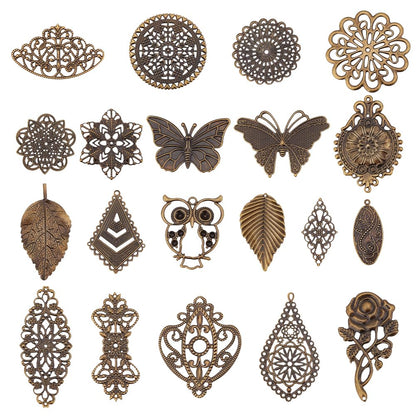 PH PandaHall 120pcs Filigree Metal Embellishments 19 Style Filigree Connectors Charms Antique Bronze Flower Animal Pendants for Steampunk Mixed Media Art Hairpin Headwear Necklace Jewelry Making
