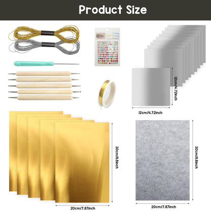 15PCS Gold Leaf Sheets Art Craft Kit, Gold & Silver Aluminum Sheets with Engraving Tools Copper Wire Pcsgem Stickers for Painting Gilding Crafting Decoration, 7.9 X 11.8 Inches (Gold)