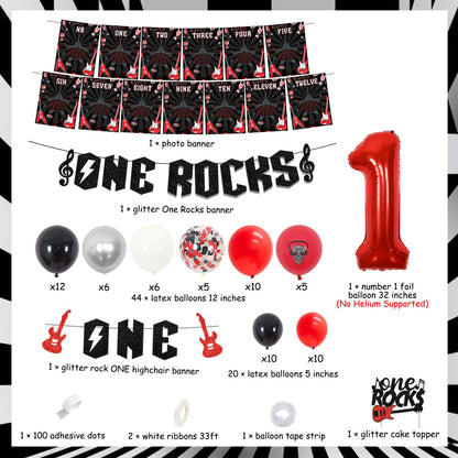 Fangleland Red Black One Rocks 1st Birthday Decorations, Rock and Roll First Bday Balloon Garland Arch Kit, Born to Rock Photo Highchair Banner, Music Themed Cake Topper Party Supplies