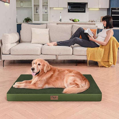 Flat Extra Large Dog Bed, Jumbo Waterproof Dog Bed for Large Dogs, Orthopedic Egg Crate Foam Pet Mat with Removable Washable Cover, Olive Green