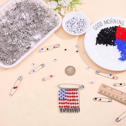 PH PandaHall 994pcs DIY Beaded Safety Pin Kit, 5 Colors Independence Day Patriotic Glass Beads 4mm Faceted Crystal Beads Letter Beads with 290pcs Safety Pin Brooches for Pants Jackets Hats DIY Crafts
