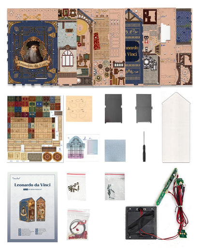 Tonecheer DIY Book Nook Kit for Adults, 3D Puzzle Wooden Miniature House Kit, Booknook Dollhouse Bookshelf Insert Decor Bookend with Dust Cover and LED Lights Gifts (Leonardo da Vinci)