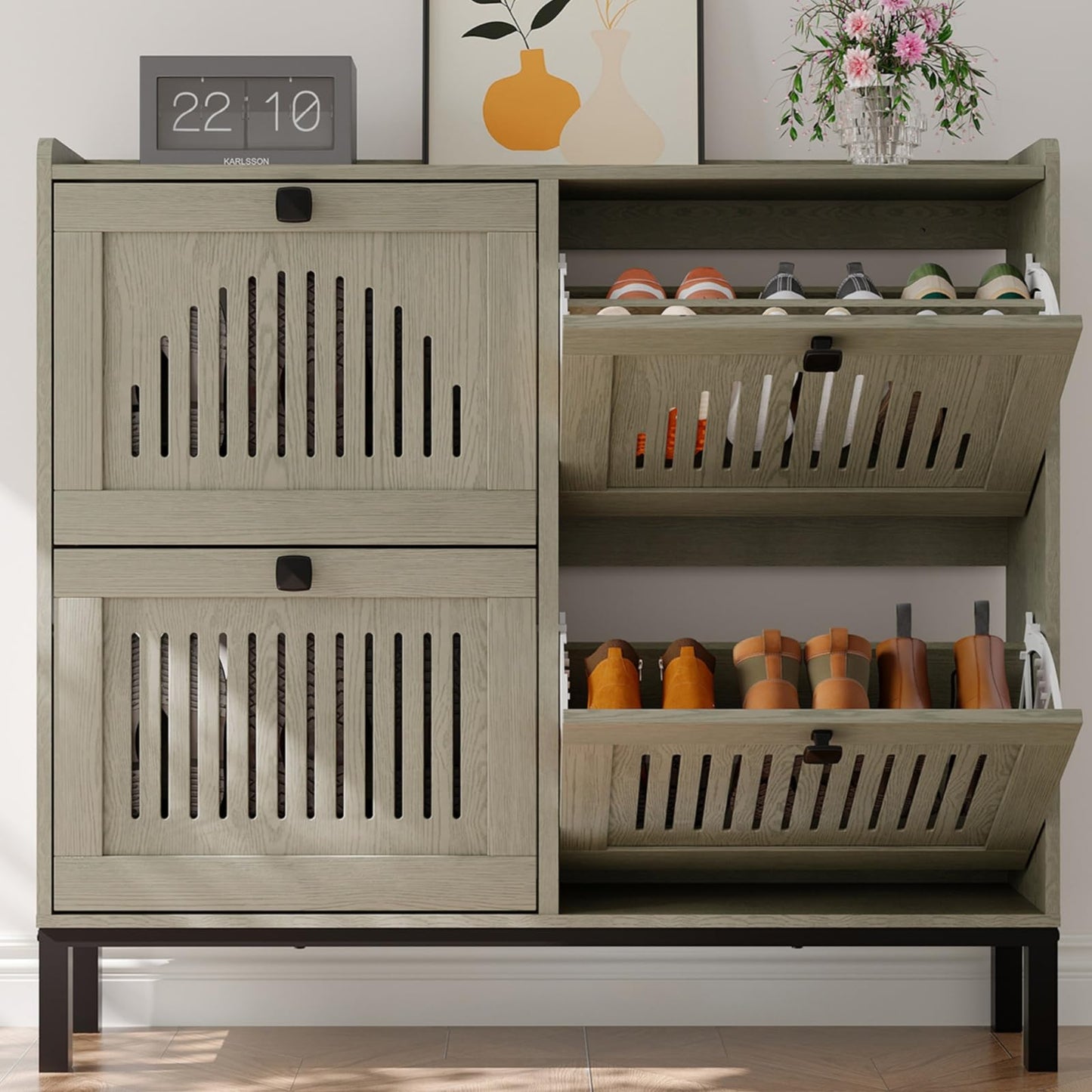 IDEALHOUSE Shoe Cabinet with 4 Flip-Drawers, Wooden Entryway Storage Organizer with Adjustable Shelf, Hidden Shoe Rack for Hallway & Living Room, Grey