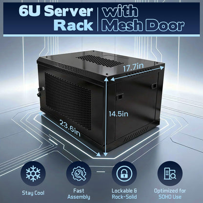 6U Wall Mount Server Cabinet - Heavy Duty Network Rack Enclosure with Cooling Fan, Locking Vented Door & Removable Side Panels, 17.7 Inch Deep, for IT/AV Equipment