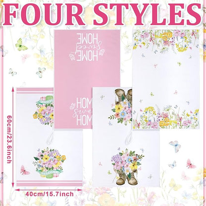 Bencailor 4 Pcs Pink Floral Kitchen Towels Pink and White Flower Hand Dish