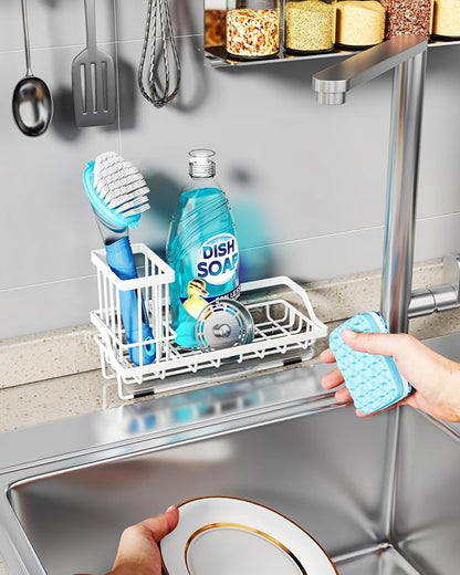 Consumest Sponge Holder for Kitchen Sink - Sink Caddy Organizer with Removable Drip Tray for Countertop Dish Soap Dispenser Brush Storage Kitchen Accessories 304 Stainless Steel, White