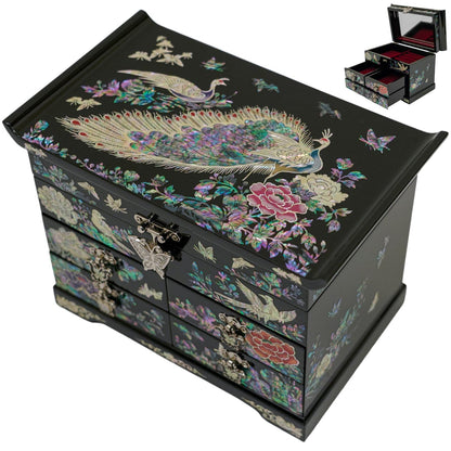 February Mountain Mother of Pearl Wooden Jewelry Organizer Box – Jewelry Storage Box for Women, Features Spacious Drawers, Ideal for Rings, Bracelets, Watches, Chains, Accessories (Peacock)