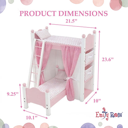 Emily Rose 18 Inch Doll Loft Bunk Bed Pink - Wooden Doll Bunkbed with Storage Shelves, Ladder, Removable Single Bed, 2 Polka Dot Bedding Sets & Curtains - Fits American Girl Dolls