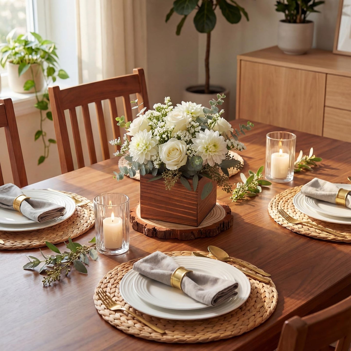 Leinuosen 16 Pcs Wedding Centerpieces Decor Set 8 x 4-inch Rustic Wood Cube Planter Box with 8 x Natural Wood Slices Tabletop Floral Arrangements for Baby Shower Home Garden Decorations(Brown)