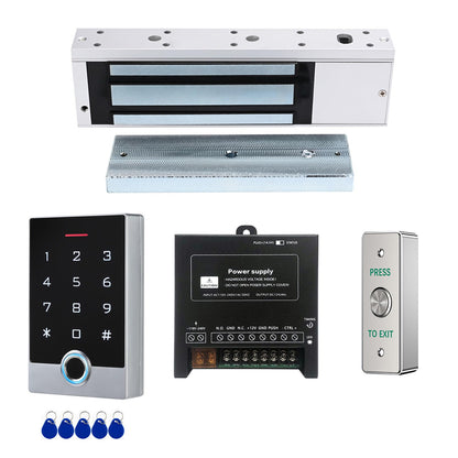 Fingerprint Door Access Control System Kit with 1200lbs Magnetic Lock, Metal Keypad Reader, ID Card & Password Entry, Access Power Supply, Exit Button - for Office, Business, Home