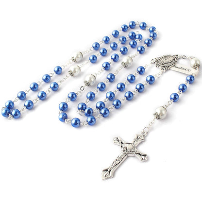 HanlinCC 6mm Glass Pearl Beads with 8mm Our Father Beads with Caps Rosary Necklace Pack in Miraculous Metal Gift Box (Blue Rosary with Miraculous Gift Box)