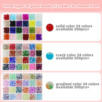 【3 Pack】 8mm Glass Beads for Jewelry Making，1800+pcs 72 Colors Round Crystal Glass Beads DIY Bracelet Making Kit with Accessories，Solid、Crackle and Gradient Colors 3 Box