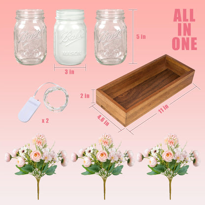 LIOZLIOLY Farmhouse Mason Jar Centerpiece with LED Lights and Artificial Flowers – Rustic Dining Table Decoration with Wooden Tray, Perfect for Kitchen, Living Room, Bathroom, or Coffee Table Decor