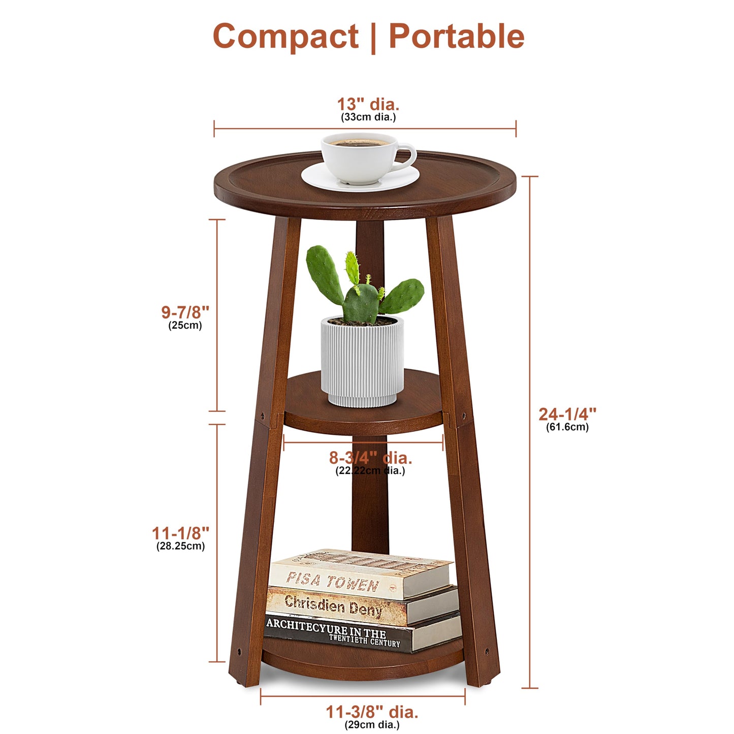 QILOXENTRA 3-Tier Round Side Table, Solid Wood End Table & Nightstand for Small Spaces, Compact Accent Table for Living Room, Bedroom, Office (Red Brown Finish)