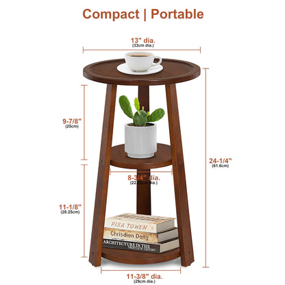 QILOXENTRA 3-Tier Round Side Table, Solid Wood End Table & Nightstand for Small Spaces, Compact Accent Table for Living Room, Bedroom, Office (Red Brown Finish)
