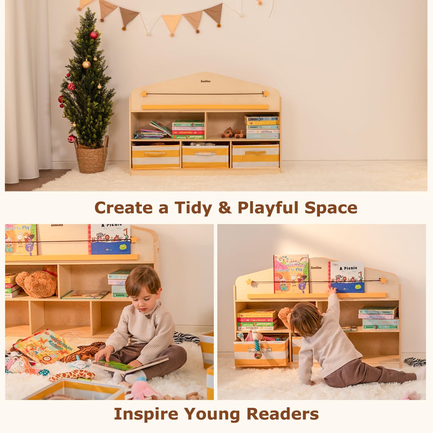 Zoolino Kids Toy Storage Organizer with Bookshelf, Wooden Montessori Playroom Furniture with 3 Removable Bins & Anti-Tip Kit, Toddler Storage Cabinet for Rooms, Playroom, Kindergarten, Natural