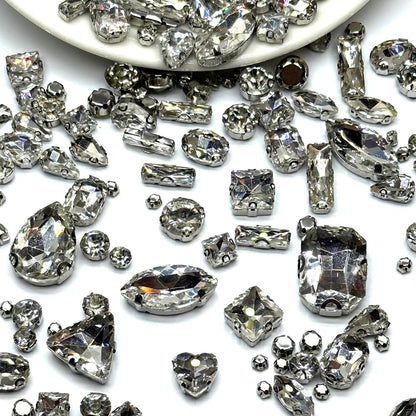 260 PCS/Pack 9 Shapes 24 Sizes Mixed Clear Crystals, Silver Sew on Glass Rhinestones,Crystal Gems Mental Flatback with Silver Claw, for Jewelry Crafts Costume DIY Garment