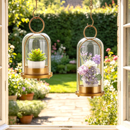 GLUUFLOWER 5"&4" Hurricane Glass Candle Holder Set - Hanging Pillar Candle Lantern with Glass Chimney, Metal Frame for Wedding Centerpieces Dining Table Mantel Holiday Home Decor