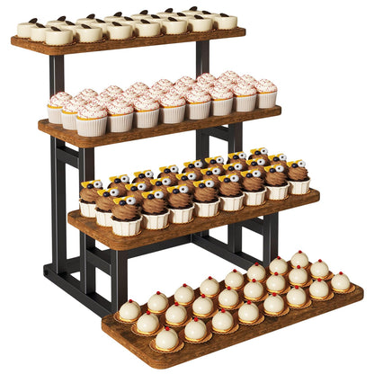 IBUYKE 4 Tier cupcake stand,Wooden Risers Display Stands,Tiered Display Stand for food,Dessert Table Display for Party,Afternoon tea, Family Gatherings,Rustic Brown UTLJ018H