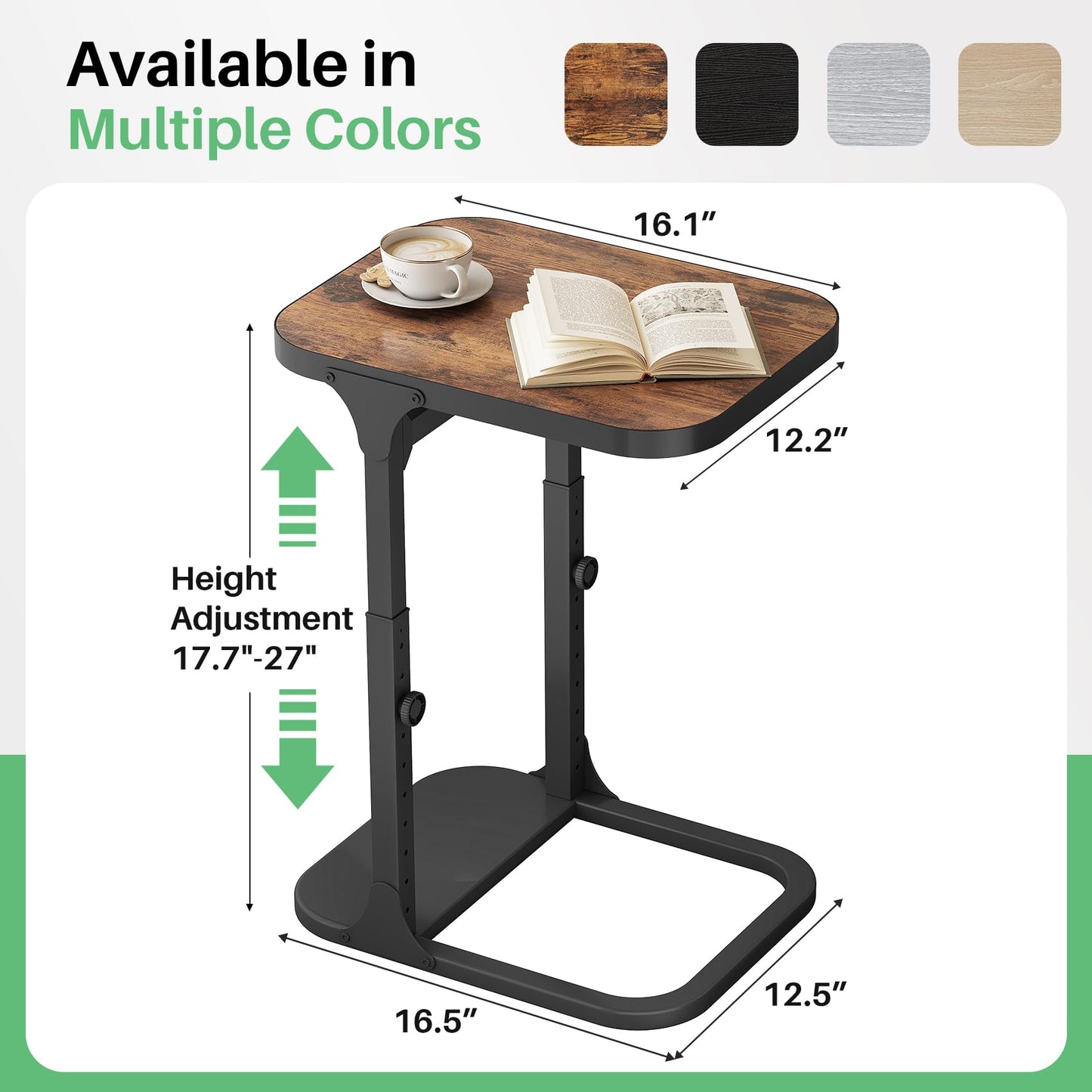 Kitstorack Ultra Stable & Durable End Table, Ajustable Height C Shaped Side Table for Couch, Sofa Side Table with Thickened Metal Frame for Living Room, Bedroom, Rustic