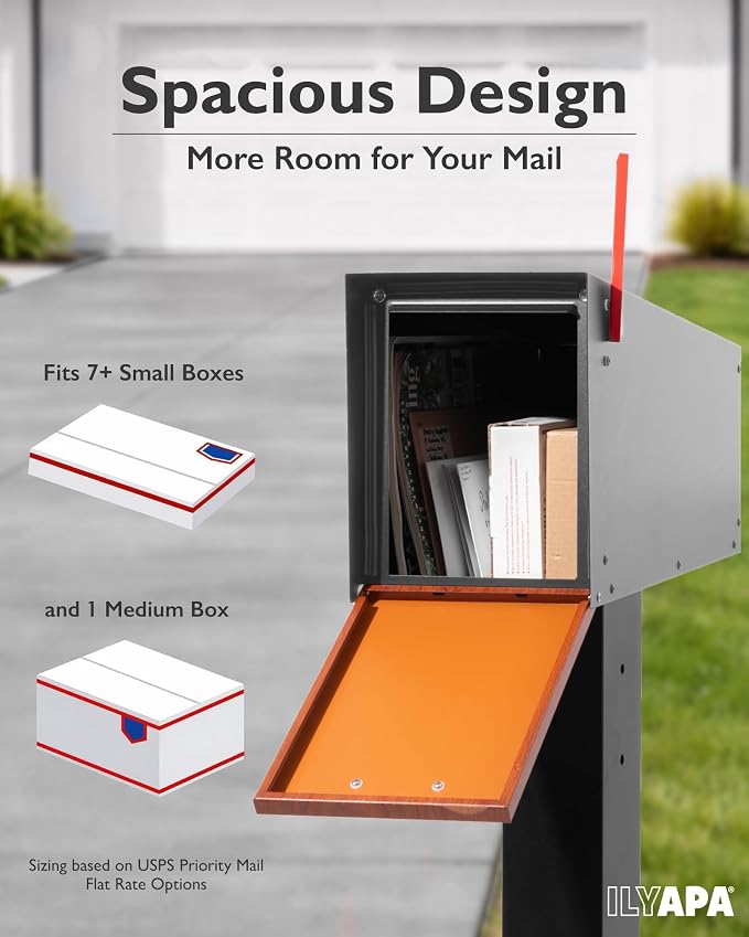 Ilyapa Modern Mailbox with Angle Design Post Mount - Metal Mailbox for Outside - Gray Exterior Mail Box - Powder Coated Steel - All Weather Resistant