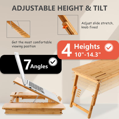 Laptop Desk Nnewvante Bamboo Laptop Table Adjustable Lap Tray Bed Serving Tray Breakfast Table Foldable Coffee Tea Table 7 Tilting Top Angles 4 Latches Large Size 27.95" x 13.8"