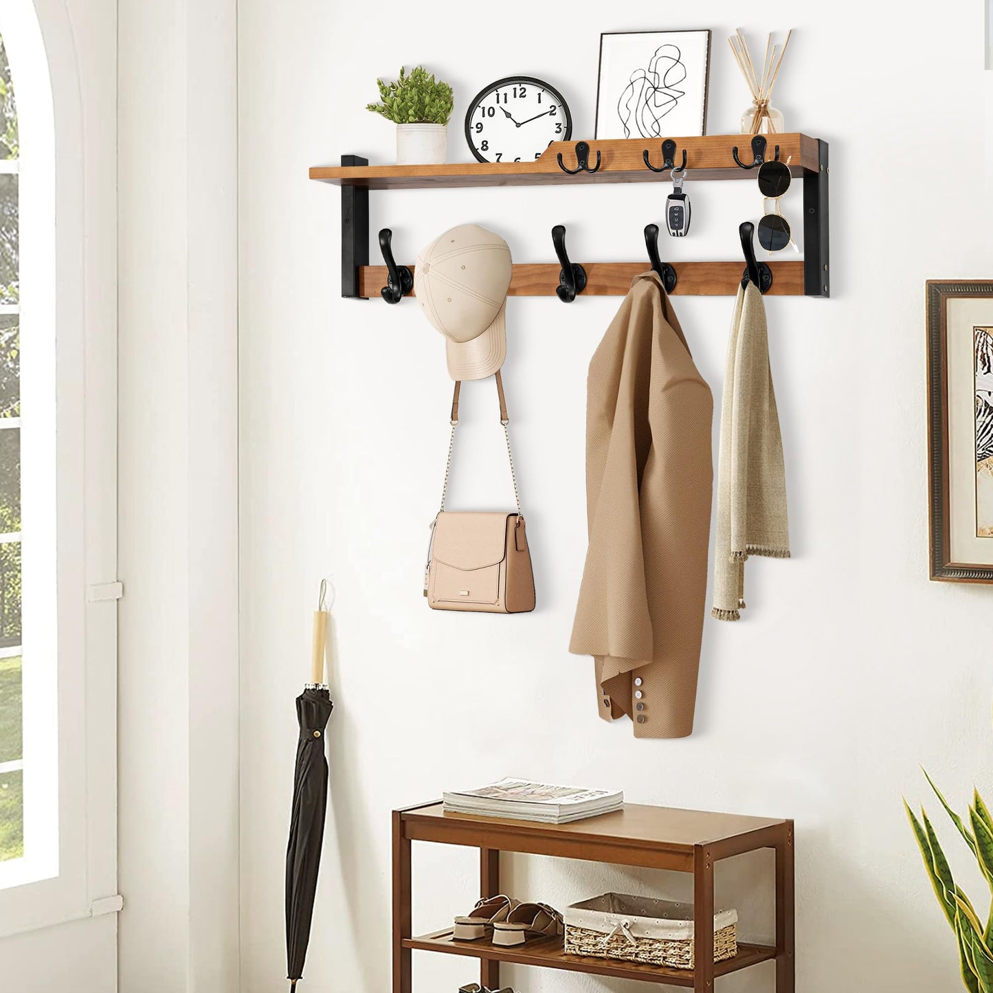 dreampossible 4 in 1 Coat Rack Wall Mount with Shelf, Coat Hooks 25.2" Entryway Coat Hanger with Key Hooks and Mail Holder, Wall Hooks with Shelf, Hat Rack for Wall Key Holder Mail Organizer