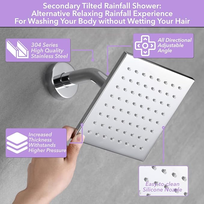 VANFOXLE Shower Faucet Set Chrome Shower System, Push Button Diverter Shower Faucet with Trim Kit, Ceiling Mount 10 Inch Shower Head Increased Thick, 6 Inch Side Shower Head, 2-in-1 Handheld