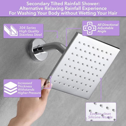 VANFOXLE Shower Faucet Set Chrome Shower System, Push Button Diverter Shower Faucet with Trim Kit, Ceiling Mount 10 Inch Shower Head Increased Thick, 6 Inch Side Shower Head, 2-in-1 Handheld