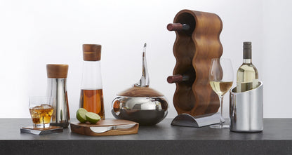 Nambé Curvo Wine Rack - 4-Bottle - Modern Sculptural Holder with Acacia Wood Frame & Nambé Alloy Base, Elegant Countertop Storage for Dining Room, Kitchen Bar & Home Décor