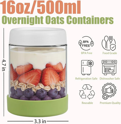 JohnBee 6-Pack 16 oz Glass Overnight Oats Containers with Airtight Lids and Silicone Sleeves - Wide Mouth Jars for Salad, Yogurt, pickles, Snacks, Spice & Sugar - Leakproof Glass Food Storage Jars