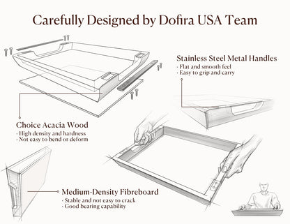 Dofira Acacia Wood Serving Tray with Metal Handles, 17x13in Large Ottoman Tray, Food Drinks Tray for Coffee Table, Breakfast, Dinner & Bar, Rustic Decorative Tray for Kitchen, Bedroom Gift Box