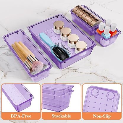 SpaceHacks 25 PCS Plastic Drawer Organizer Set, 4-Size Versatile Organizer Trays & storage Bins for Makeup, Jewelry, and Gadgets in Bathroom, Bedroom and Office,Clear Purple