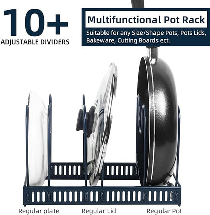 ROOHUA Expandable Pot and Pan Organizer - Cabinet Pot Lid Holder with 10 Adjustable Compartments for Cookware, Baking, Frying (Dark Blue, 10)