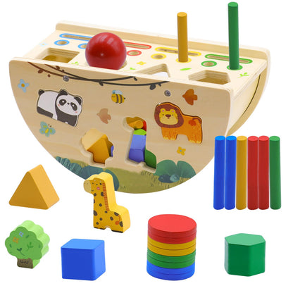 Humerry Montessori Busy Box for Toddlers 1-3, Wooden Object Permanence Coin Box with Shape Sorter & Animal Matching, Fine Motor Sensory Learning Toy with Wobble Base, Gift for 1 2 3 Year Old