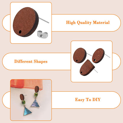 60pcs Wooden Earring Studs for Jewelry Making,Wooden Stud Earrings Wood Earring Posts with 100pcs Earrings Backs for DIY Making Supplies(3 Shapes)