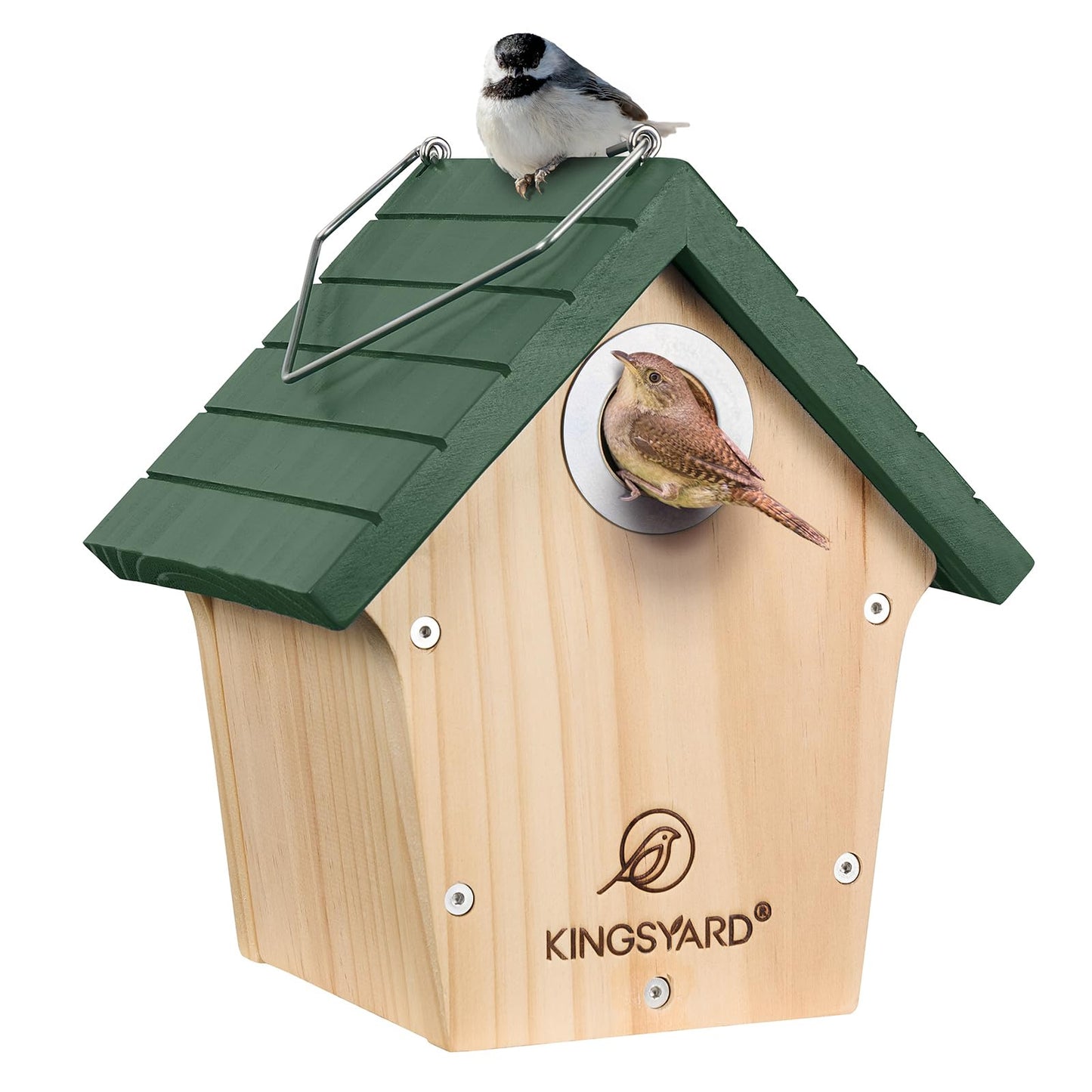 Kingsyard Wooden Bird House with Predator Guard, Wren Bird Nesting for Outdoor, Garden Patio Nest Box for Wild Bird Watching, Green