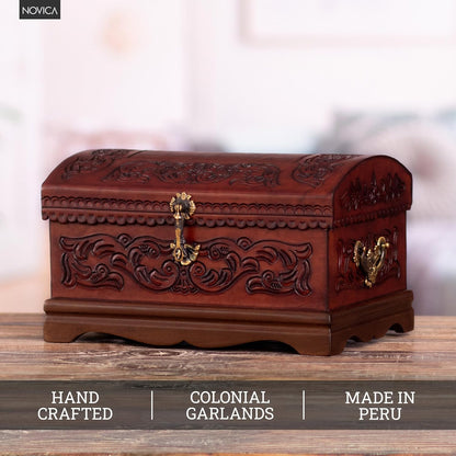 NOVICA Colonial Theme Mohena Wood and Tooled Leather Jewelry Box, 'Colonial Legacy'