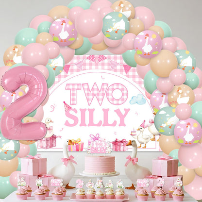 Two Silly Goose 2nd Birthday Decoration Little Goose Backdrop Gingham Cake Cupcake Topper Pink Green Apricot Latex Balloon Garland Arch Kit for Girl Farm Animal Second Birthday Party Supplies