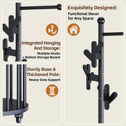 Uniclinens Freestanding Wooden Coat Rack with Umbrella Holder，Black Coat Rack with Hooks, Space-Saving Entryway Organizer for Hanging Clothes and Storing Towels, Bedroom, Living Room