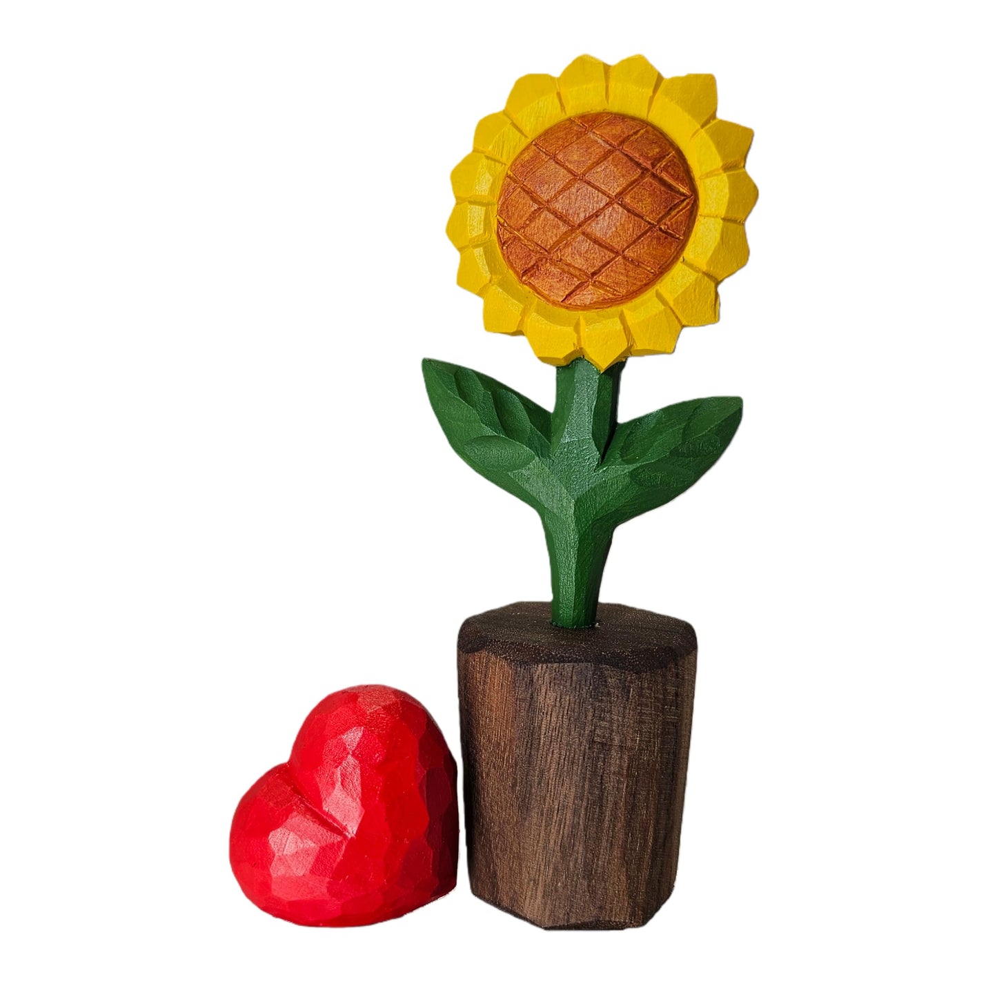 WOODEN ISLANDS Hand-Carved Wooden Flower with Red Heart - Handcrafted Everlasting Wood Sculpture - 5th Anniversary, Valentine's Day, Birthday Gift for Her - Gift Box Included (Yellow Sunflower)