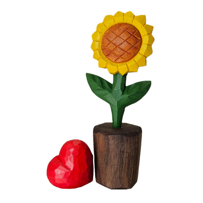 WOODEN ISLANDS Hand-Carved Wooden Flower with Red Heart - Handcrafted Everlasting Wood Sculpture - 5th Anniversary, Valentine's Day, Birthday Gift for Her - Gift Box Included (Yellow Sunflower)